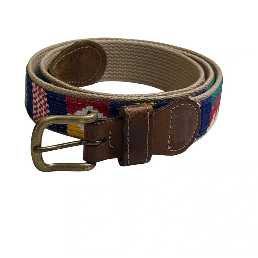 A Tail We Could Wag Belt Size 42 Leather Canvas Handwoven Guatemalan Preppy Boho